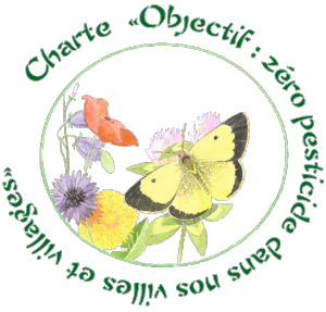 Logo de "la charte zéro pesticide". Papillon posé sur des fleurs.